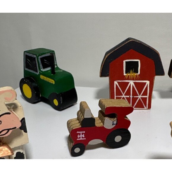 Handcrafted Wooden Farm Animal & Vehicle Figurine Set Tole Set of 7 - Picture 3 of 8